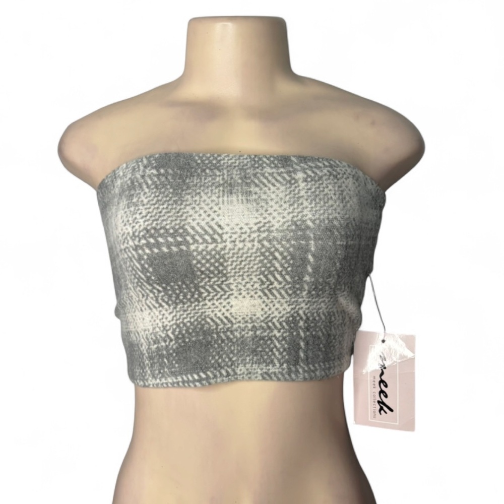 Gray Checker Plaid Strapless Tube Crop Top Knit Sweater Material